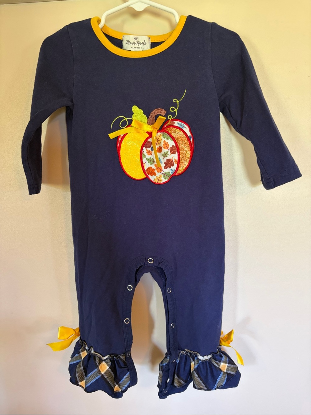 Navy Pumpkin Appliqué One-Piece Romper by Marie Nicole